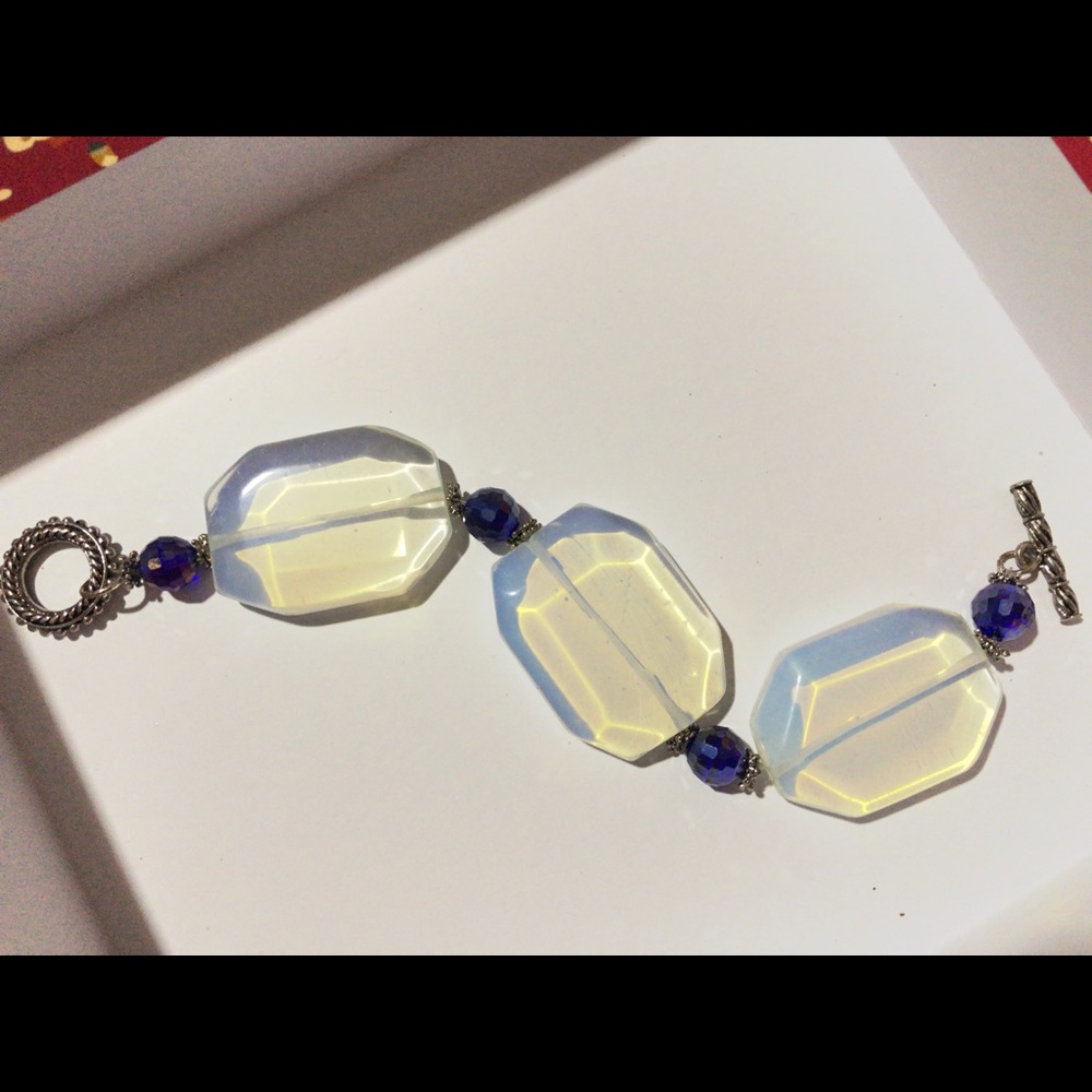 Chunky Opalite & Blue Glass Crystal Boho Bracelet - Picture 3 of 6